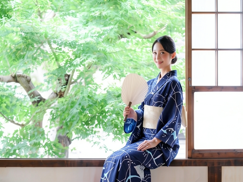 Yukata with ears, double-sided dyed Yukata cloth fabric No.66, dark blue, geometric pattern (Female yukata)