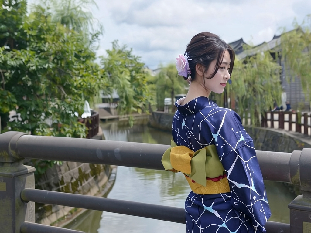 Yukata with ears, double-sided dyed Yukata cloth fabric No.66, dark blue, geometric pattern (Female yukata)
