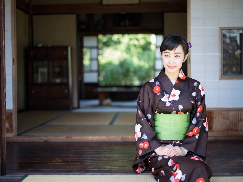 Cotton linen yukata fabric, yukata with ears, cloth, camellia pattern, black background