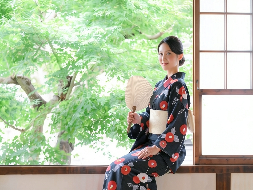 綿麻ゆかた生地 耳あり浴衣 反物 ツバキ柄・黒地（旧 2）