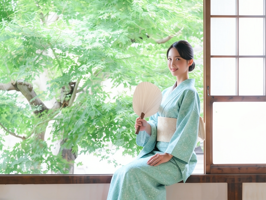 ゆかた生地 クインサイズ 浴衣 反物・美術サロン 菊菱柄・青緑地・No.72（女 浴衣）
