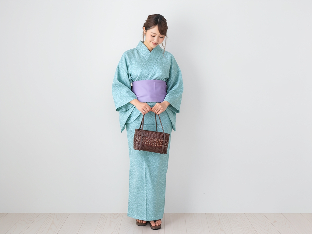 ゆかた生地 クインサイズ 浴衣 反物・美術サロン 菊菱柄・青緑地・No.72（女 浴衣）