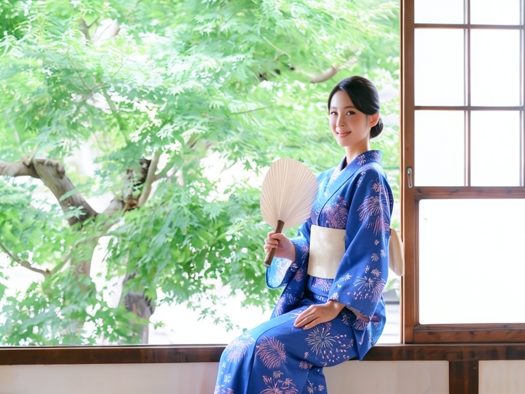ゆかた 生地 両面染め浴衣 反物 耳あり 花火柄・群青色・ No.74（女 浴衣）