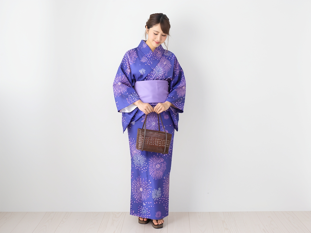 ゆかた 生地 両面染め浴衣 反物 耳あり 花火柄・群青色・ No.74（女 浴衣）