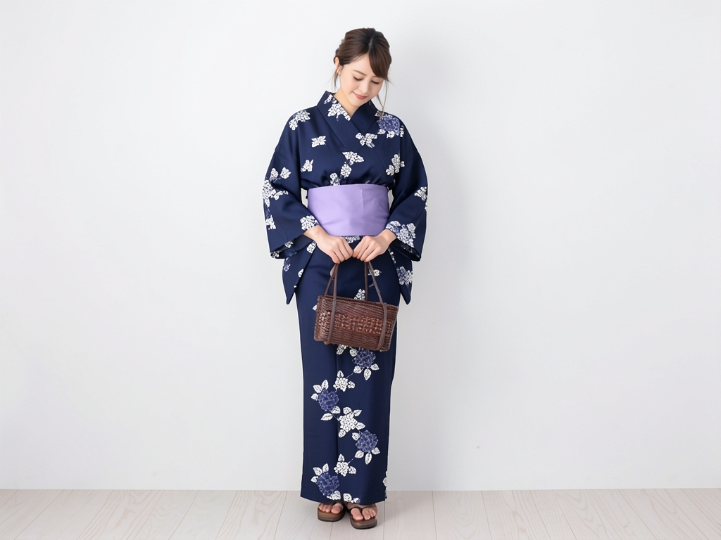 ゆかた 生地 未仕立て品 レディース浴衣 反物 耳あり 濃紺地・アジサイ柄・No.75（女 浴衣）