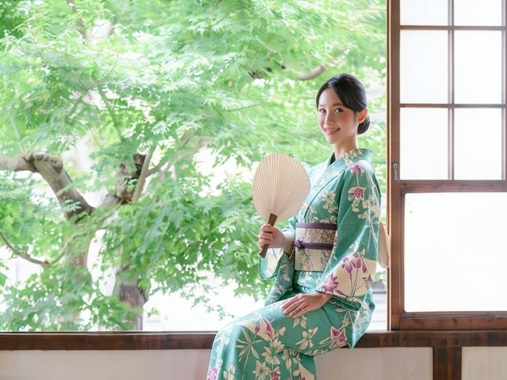 ゆかた 生地 耳あり 両面染め浴衣 反物 源氏物語 No.81 青緑地・アヤメ・鉄線柄（女 浴衣）
