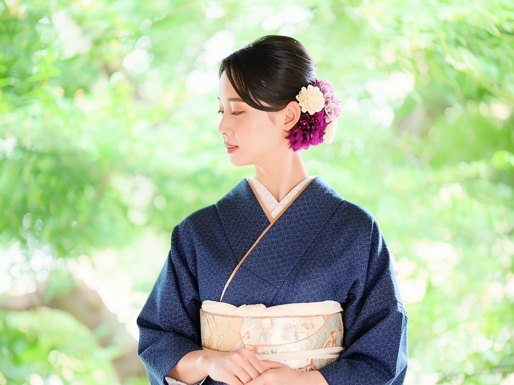 綿きもの 生地 未仕立て品　久留米かすり 反物　 七宝柄・濃紺地・木綿の花（女 着物）