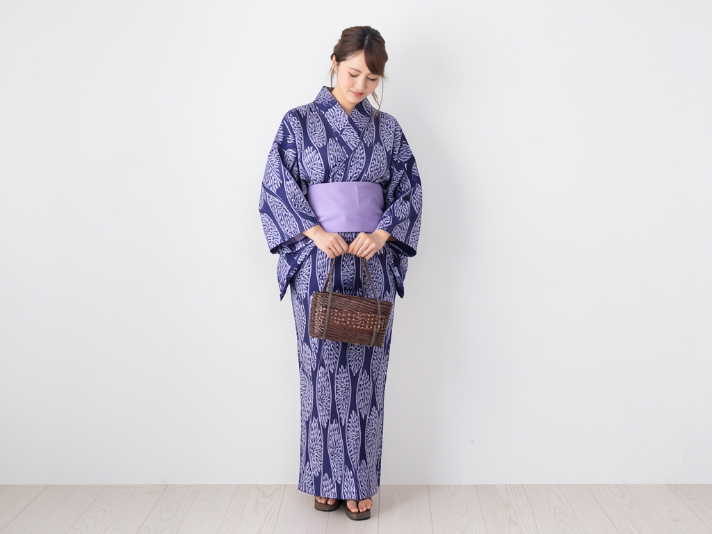 ゆかた 生地 未仕立て品 女物浴衣 反物 レディース 耳あり No.86 キク立涌柄・濃紺地（女 浴衣）