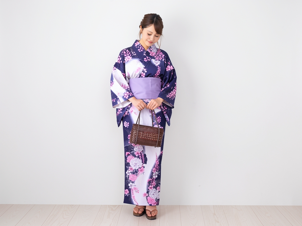 未仕立て品 耳なし(耳がほつれにくい加工済み)浴衣 生地 反物 レディース No.88 牡丹・雪輪柄・紫紺地（女 浴衣）