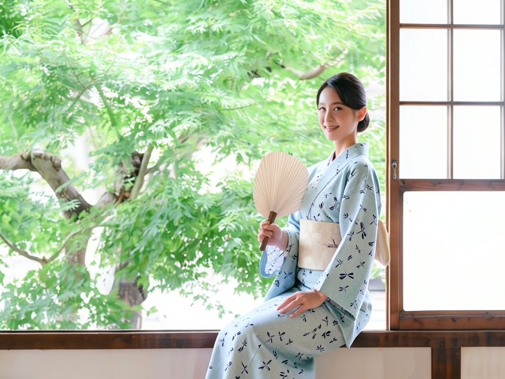 ゆかた 生地 両面染め 浴衣 反物 耳有り 白地・トンボ柄・No.89（女 浴衣）