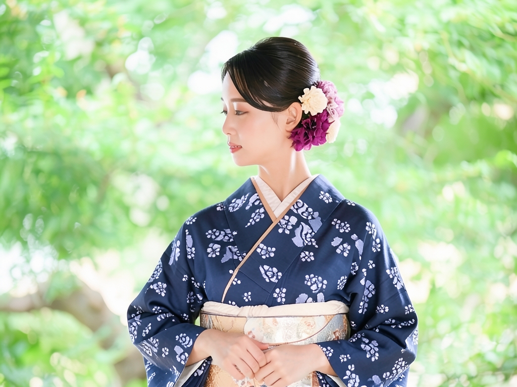 綿100％・きもの 生地　久留米かすり 反物　 ウメ柄・濃紺地（女 着物）