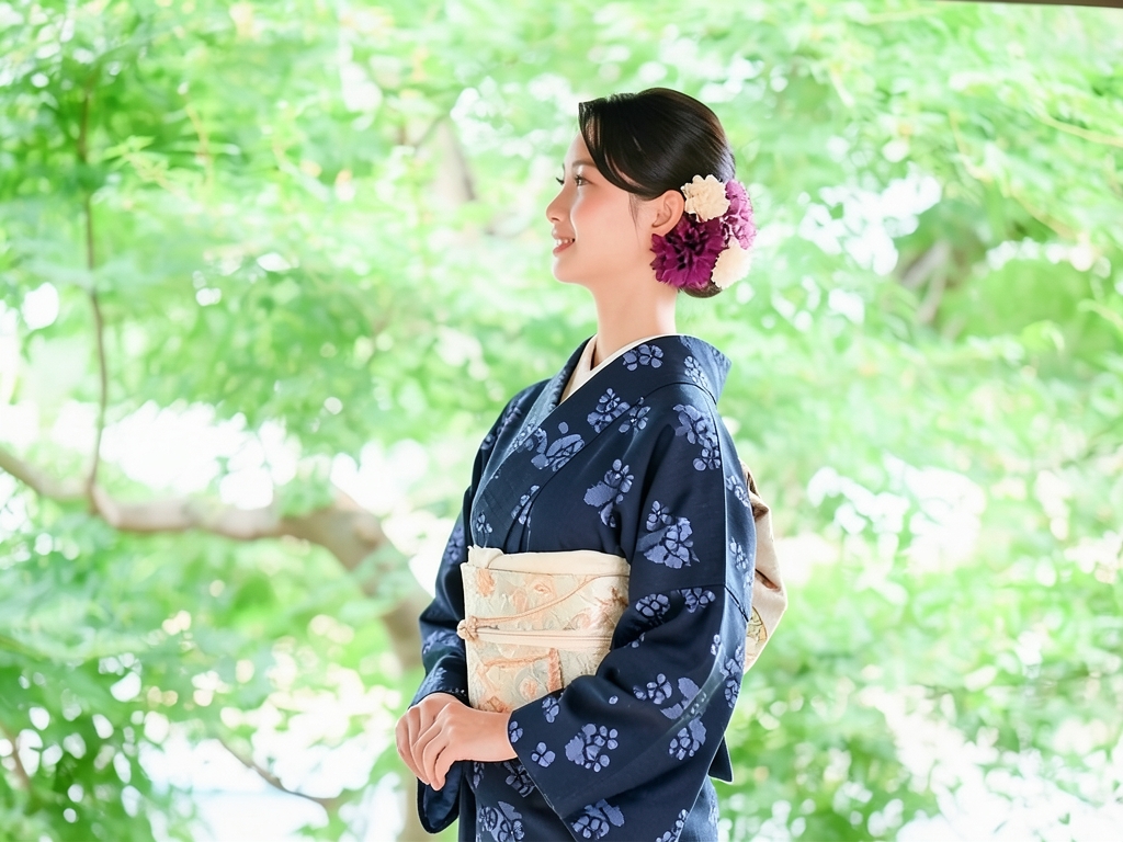 綿100％・きもの 生地　久留米かすり 反物　 ウメ柄・濃紺地（女 着物）