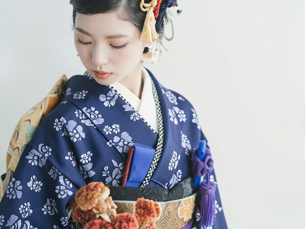綿100％・きもの 生地　久留米かすり 反物　 ウメ柄・濃紺地（女 着物）