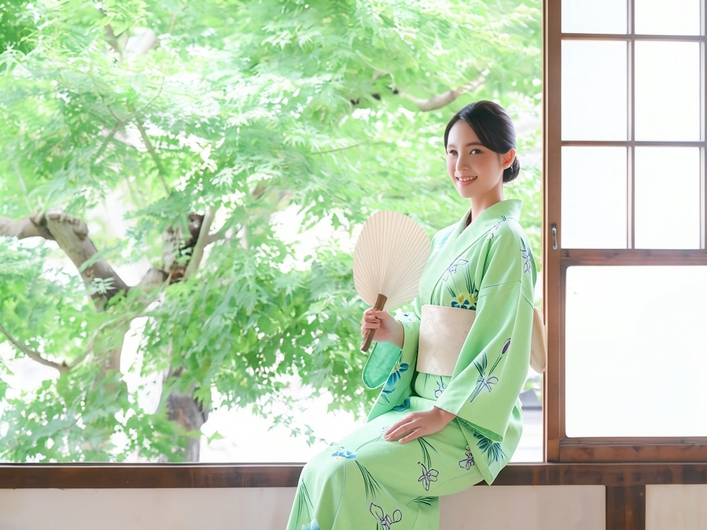 ゆかた 生地 両面染め浴衣 反物 耳あり No.94 アヤメ柄・うすグリーン地（女 浴衣）