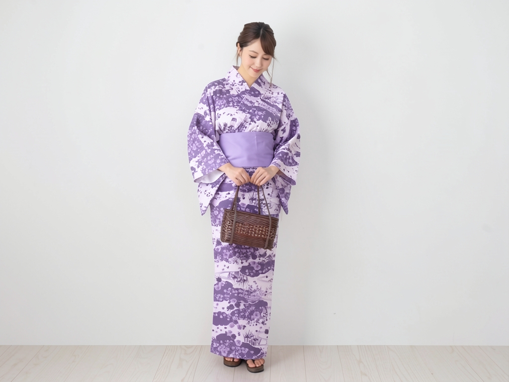 ゆかた 生地 クインサイズ(巾40cm) 耳なし(耳がほつれにくい加工済み)浴衣 反物 乱絽 No.97 うす藤色地・雲取り・古典柄（女 浴衣）