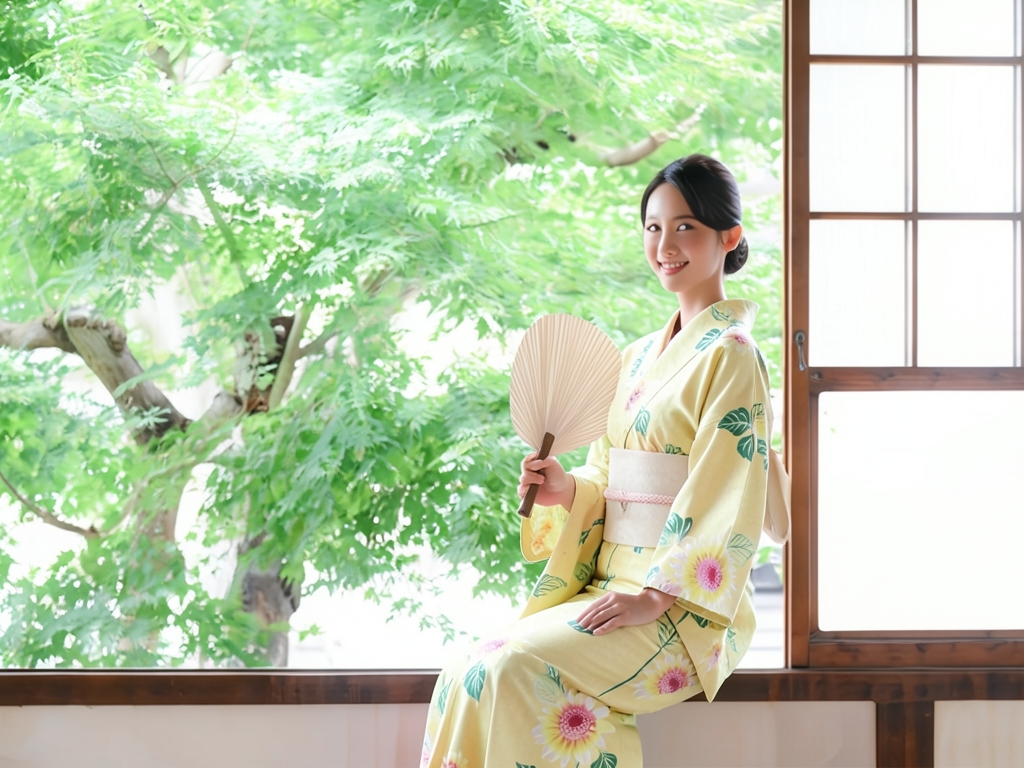 浴衣 生地 耳有り・両面染め ゆかた 反物 No.101 クリーム地・ヒマワリ柄（女 浴衣）
