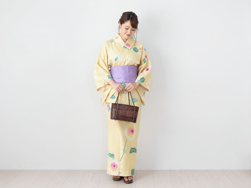 浴衣 生地 耳有り・両面染め ゆかた 反物 No.101 クリーム地・ヒマワリ柄（女 浴衣）