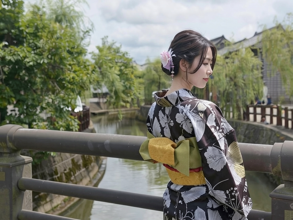 ゆかた 生地 耳あり・クインサイズ 浴衣 反物 源氏物語 黒地・チョウ柄・No.105（女 浴衣）