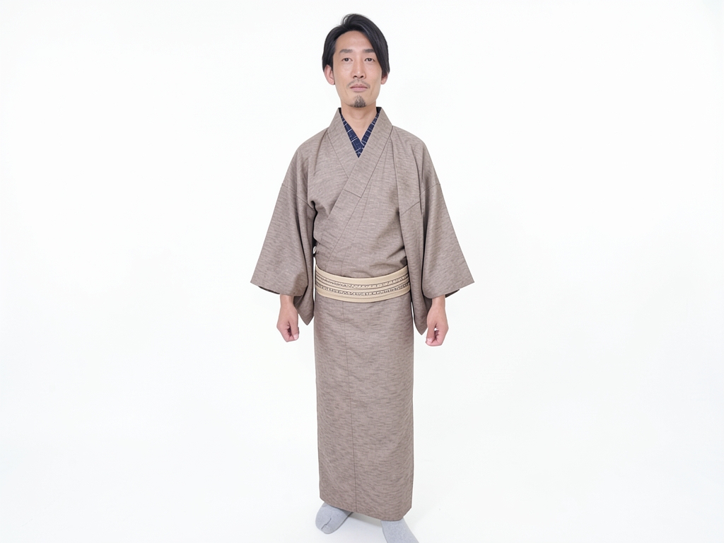 綿100％・きもの生地　久留米かすり 反物　 カスリ柄・うす茶地（男 着物）