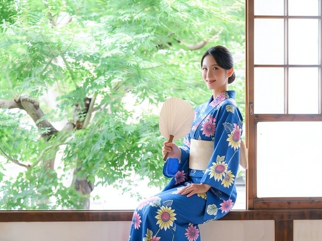 ゆかた 生地 両面染め 耳あり浴衣 反物・No.112 ブルー地・ヒマワリ柄（女 浴衣）