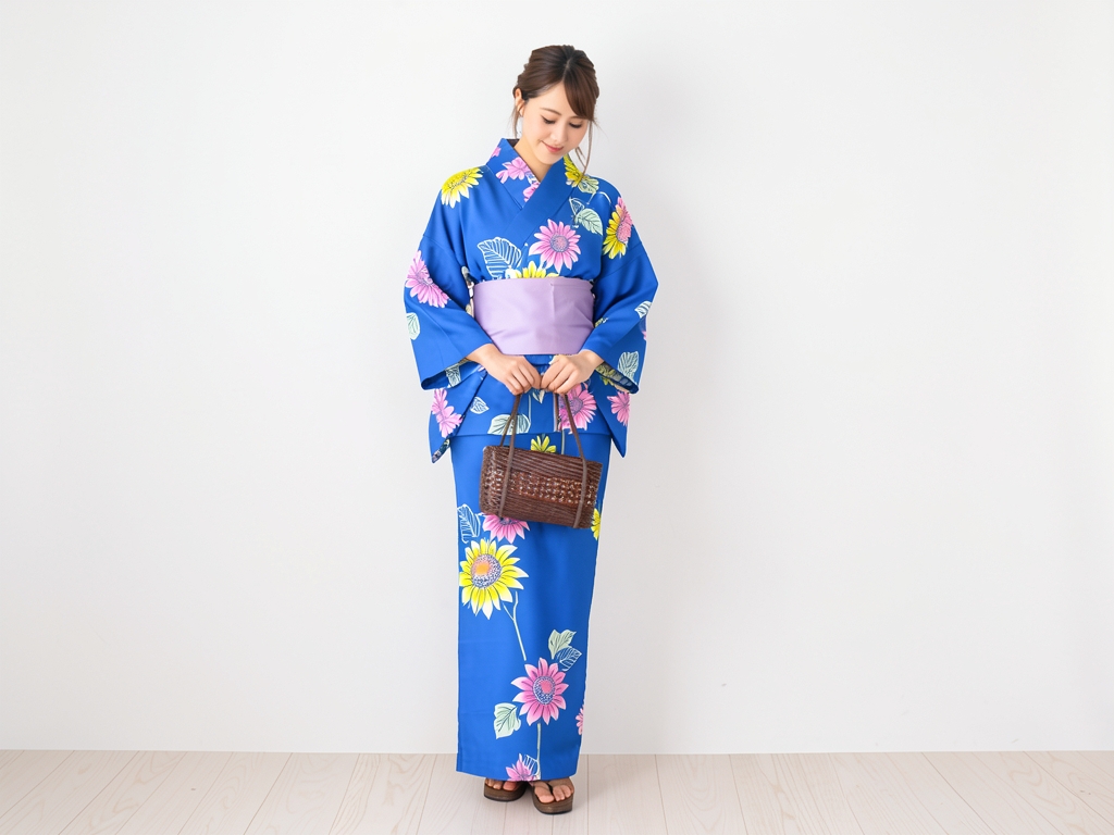 ゆかた 生地 両面染め 耳あり浴衣 反物・No.112 ブルー地・ヒマワリ柄（女 浴衣）