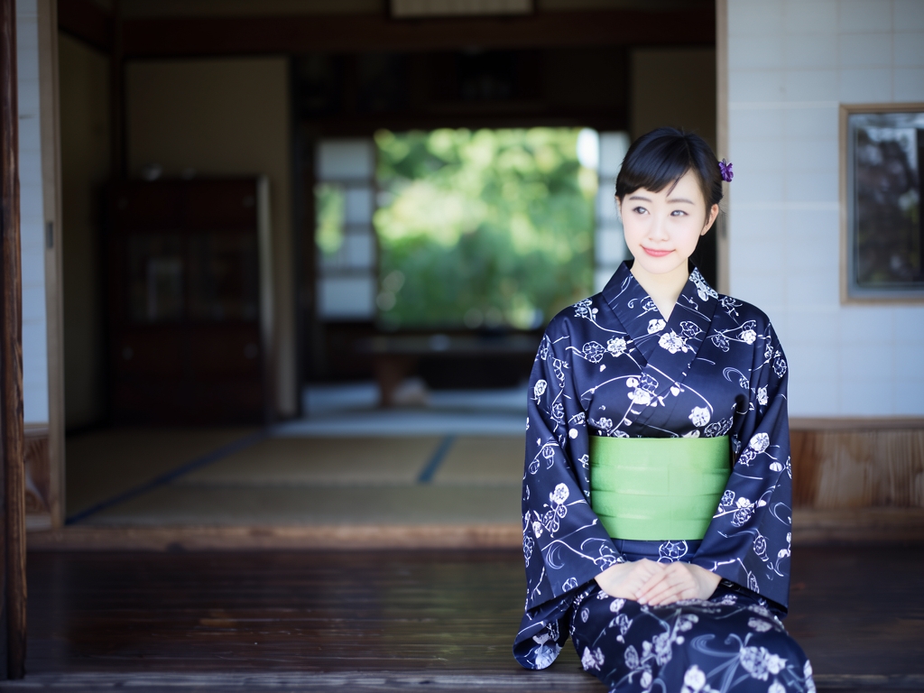 Yukata fabric, ladies' yukata, fabric, with ears, plum pattern, dark blue, No.114 (Female yukata)