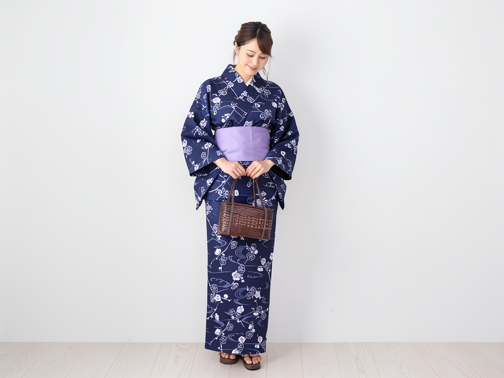 Yukata fabric, ladies' yukata, fabric, with ears, plum pattern, dark blue, No.114 (Female yukata)