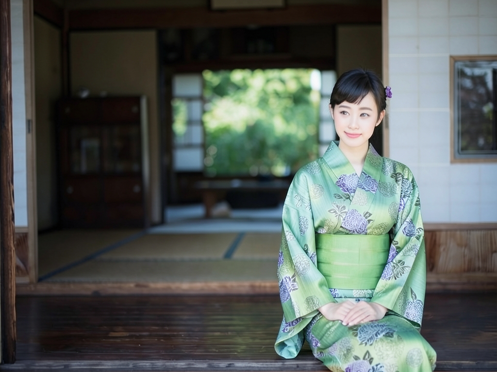 Yukata fabric with ears/dyed on both sides Yukata cloth No.115 chrysanthemum pattern/green fabric (Female yukata)