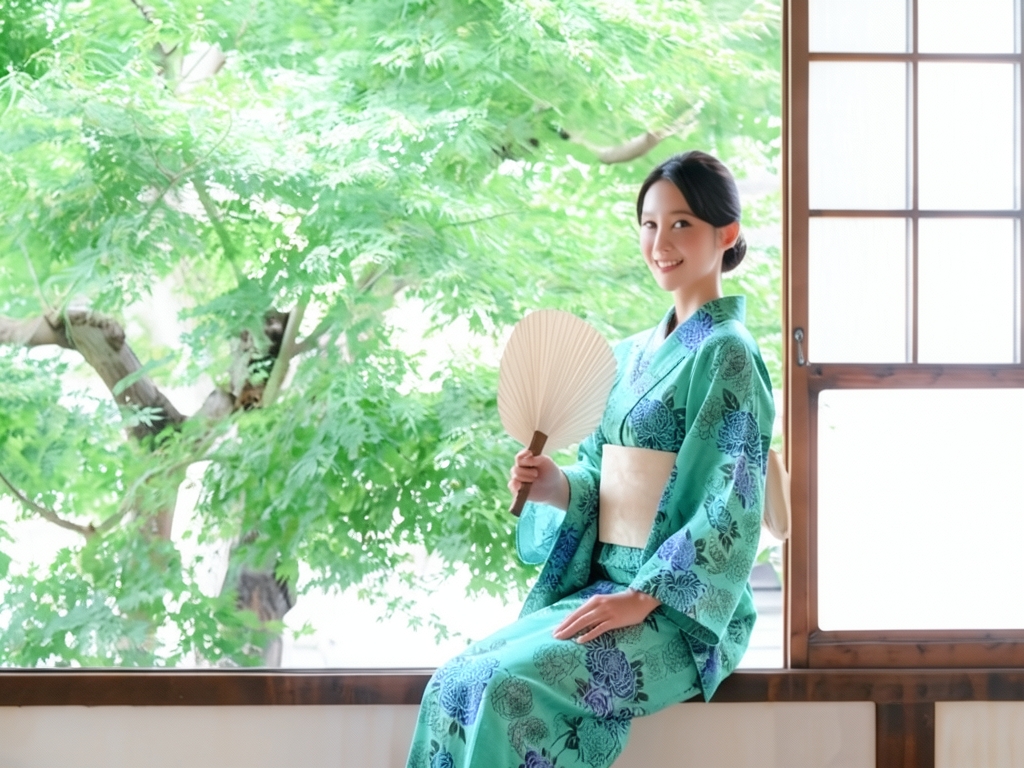 Yukata fabric with ears/dyed on both sides Yukata cloth No.115 chrysanthemum pattern/green fabric (Female yukata)