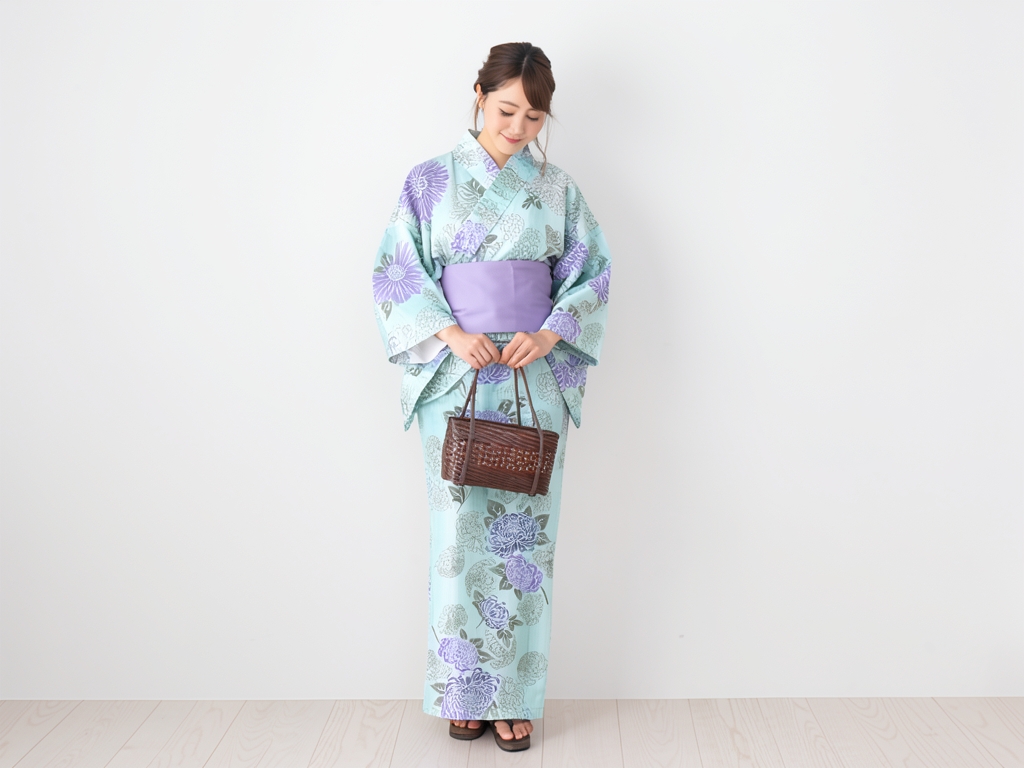 Yukata fabric with ears/dyed on both sides Yukata cloth No.115 chrysanthemum pattern/green fabric (Female yukata)