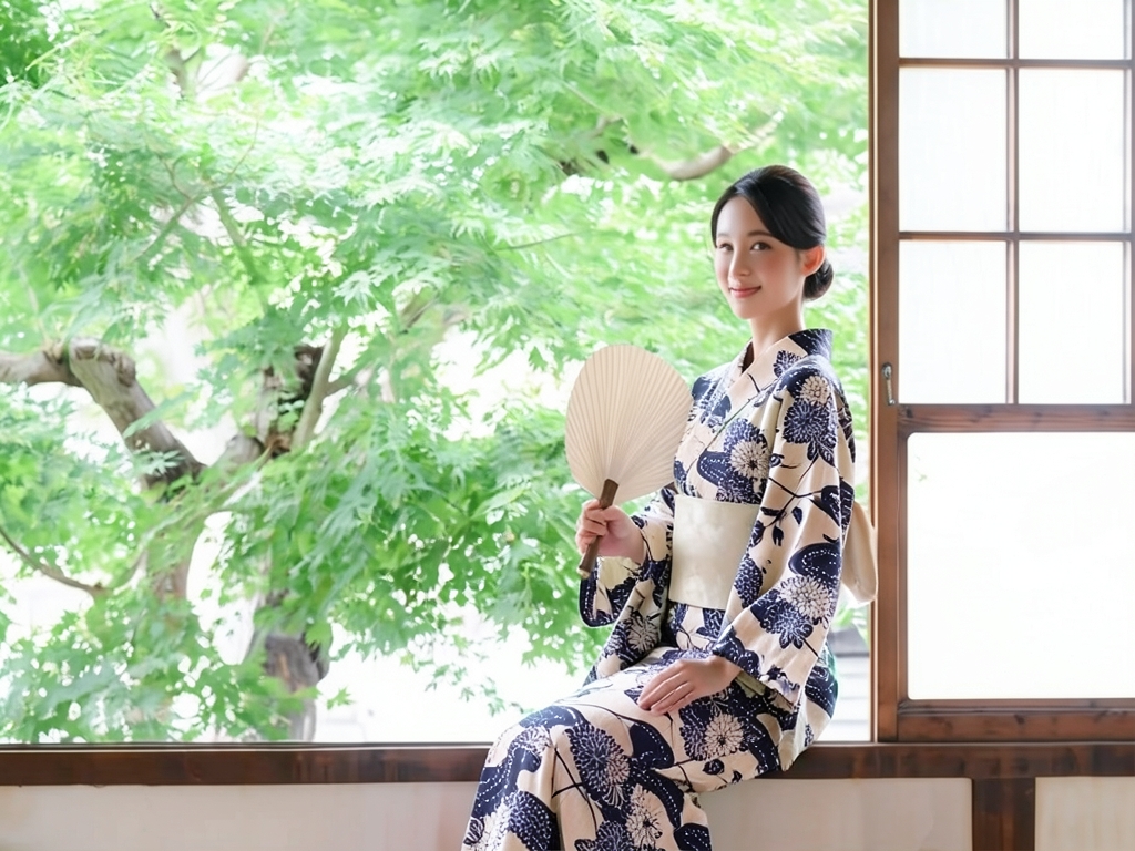 ゆかた 生地 耳有り・両面染め浴衣 反物 綿紬 No.119 キク柄・ベージュ地（女 浴衣）