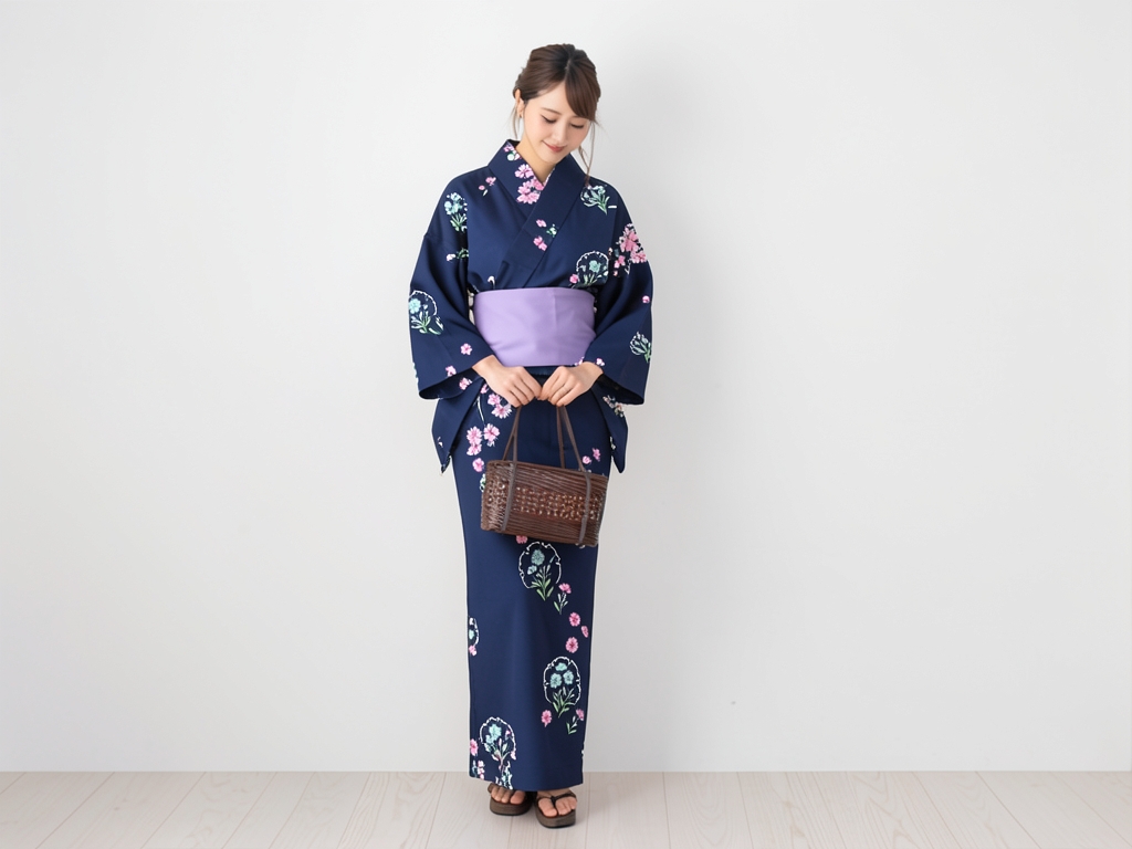 浴衣 生地 両面染めゆかた 反物 耳有り ナデシコ柄・濃紺地・No.121（女 浴衣）
