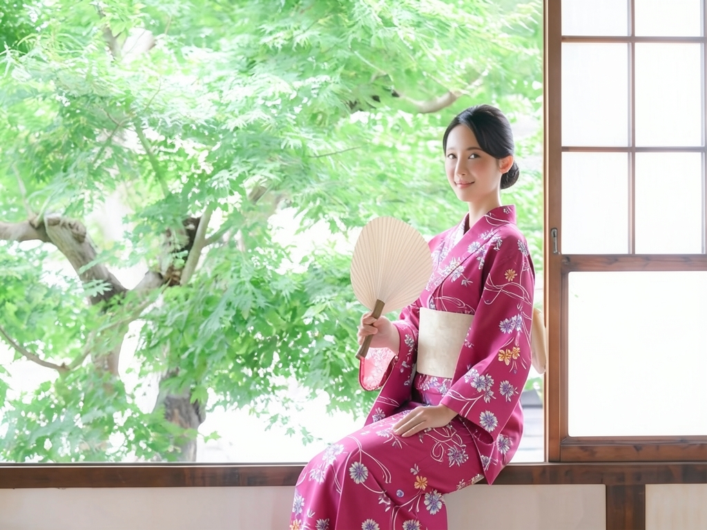 浴衣 生地 両面染めゆかた 反物 耳有り・No.124 ナデシコ柄・マゼンタ地（女 浴衣）