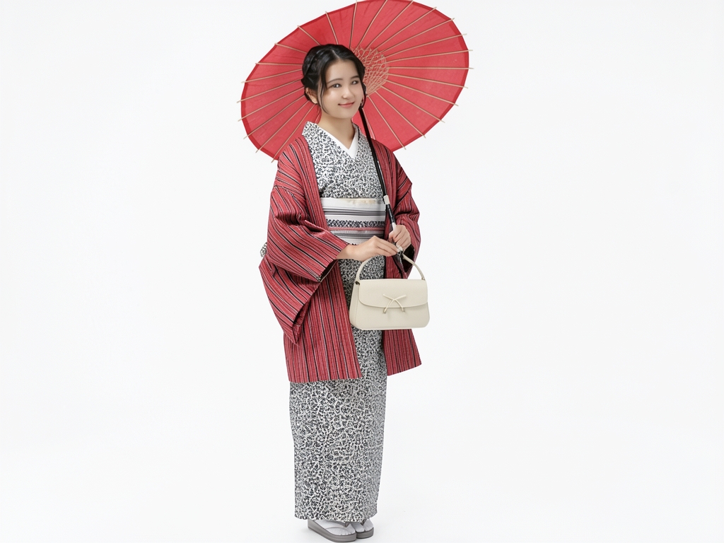 綿の着物 生地　久留米絣 反物  丸柄・赤丹色（女 羽織）