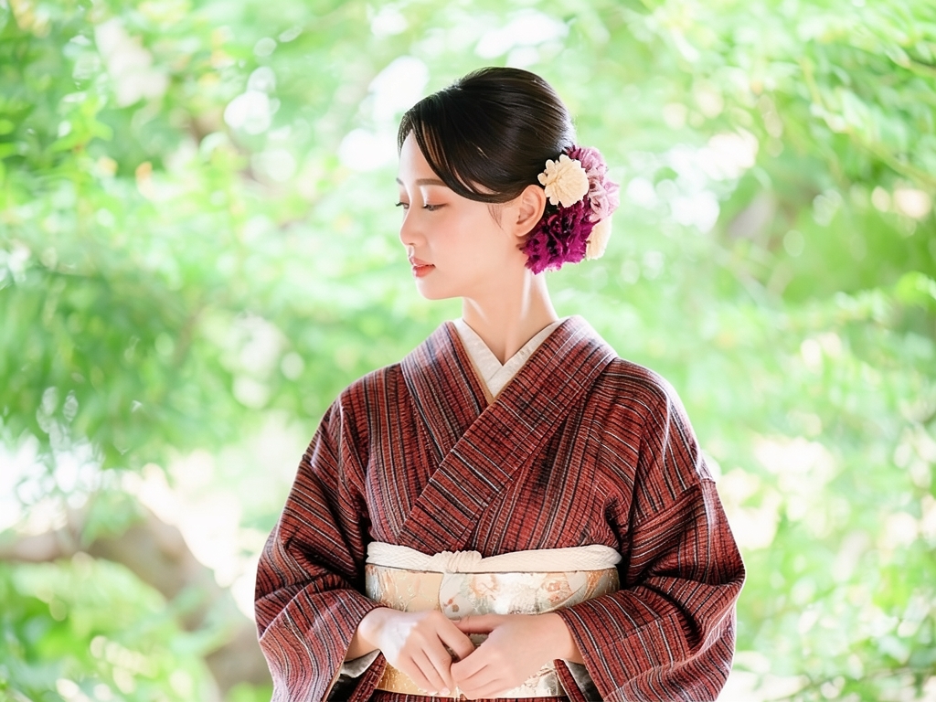 綿の着物 生地　久留米絣 反物  丸柄・赤丹色（女 着物）