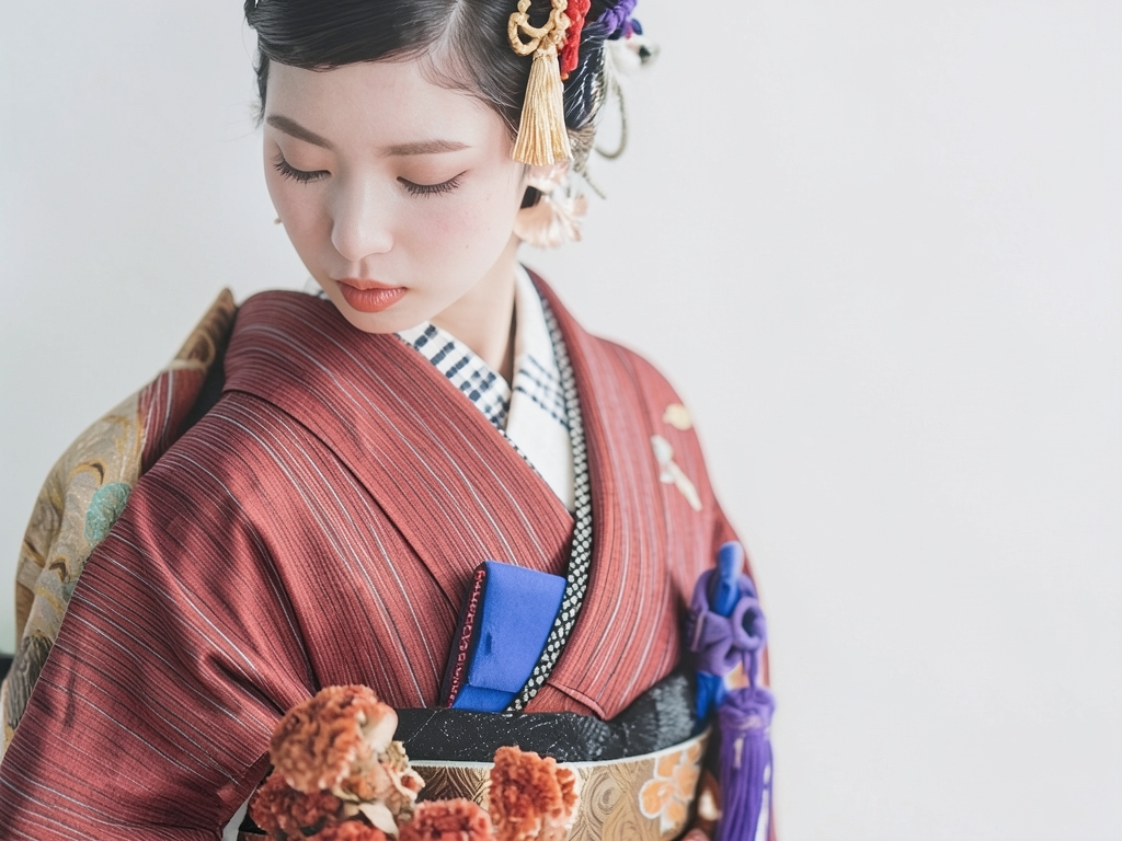 綿の着物 生地　久留米絣 反物  丸柄・赤丹色（女 着物）