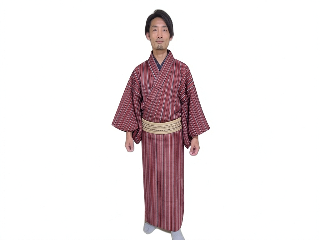 綿の着物 生地　久留米絣 反物  丸柄・赤丹色（男 着物）