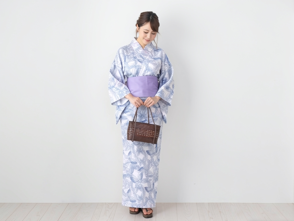 ゆかた 生地 巾41cm(クインサイズ) 浴衣反物 レディース No.126 白地・チョウ柄（女 浴衣）