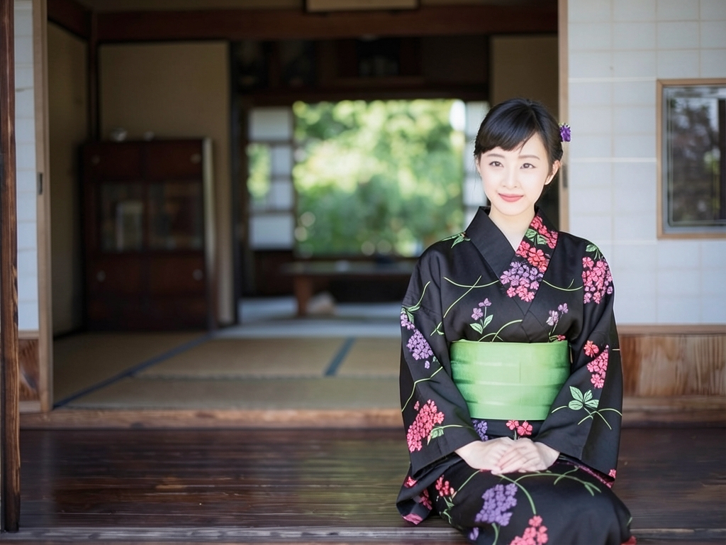 ゆかた・耳有り・両面染め浴衣 反物 生地 No.127 黒地・サクラソウ柄（女 浴衣）