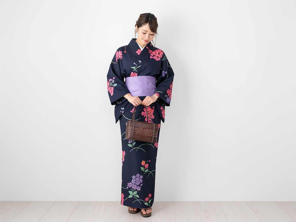 ゆかた・耳有り・両面染め浴衣 反物 生地 No.127 黒地・サクラソウ柄（女 浴衣）