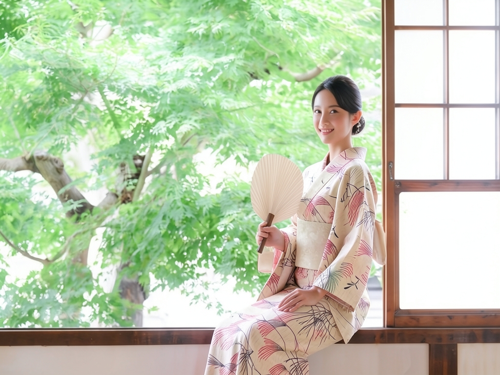 ゆかた 生地 耳あり 両面染め浴衣 反物 源氏物語 No.132 うすベージュ地 トンボ柄（女 浴衣）