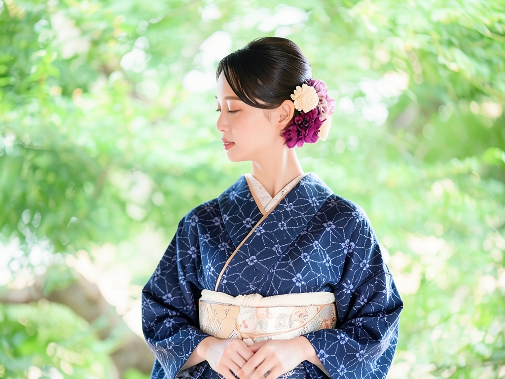 久留米かすり　着物生地　久留米絣 反物 　 花・麻の葉柄・濃紺地（女 着物）