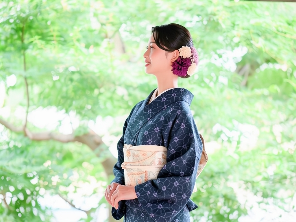 久留米かすり　着物生地　久留米絣 反物 　 花・麻の葉柄・濃紺地（女 着物）