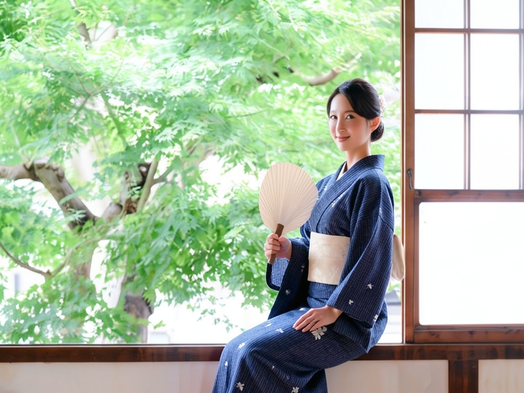浴衣 生地 クインサイズ ゆかた 反物 耳あり No.137 濃紺地・チョウ・シマ柄・巾41cm（女 浴衣）