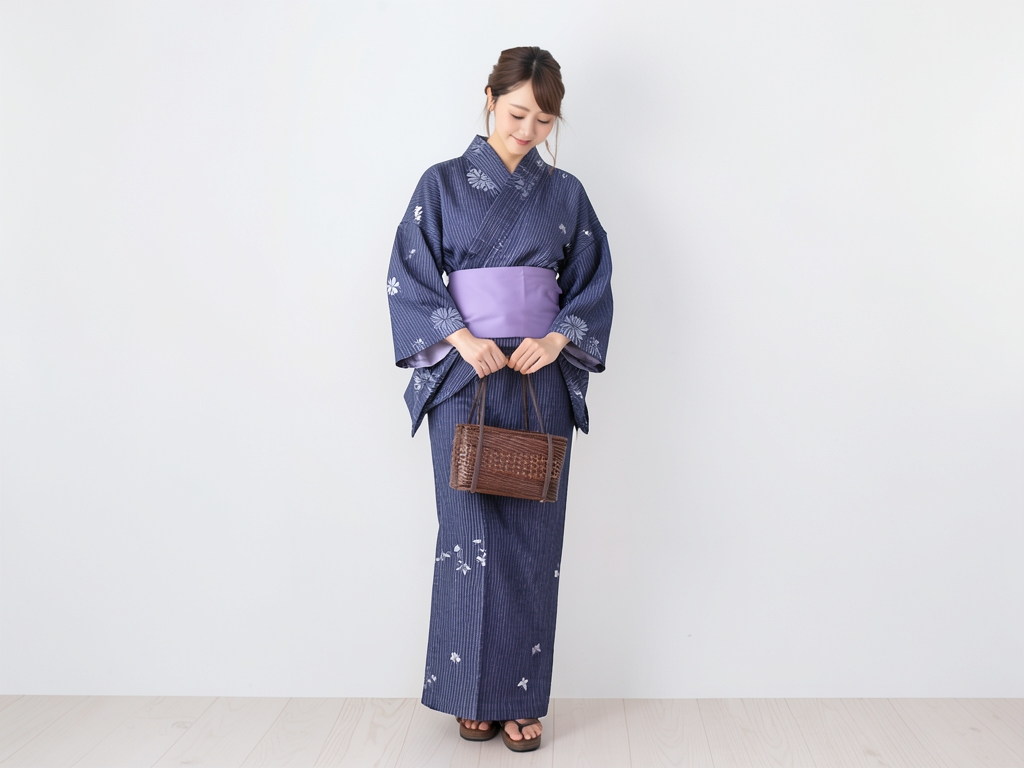 浴衣 生地 クインサイズ ゆかた 反物 耳あり No.137 濃紺地・チョウ・シマ柄・巾41cm（女 浴衣）
