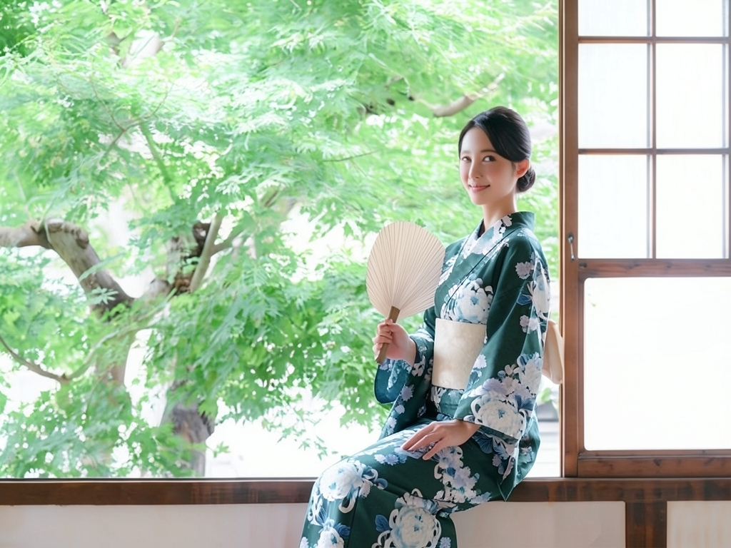 ゆかた 生地 きもの道楽 浴衣 反物 No.139 菊柄・モスグリーン地（女 浴衣）