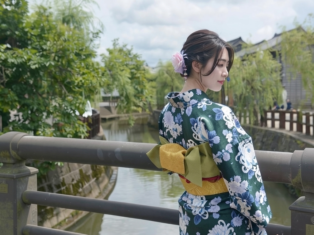 ゆかた 生地 きもの道楽 浴衣 反物 No.139 菊柄・モスグリーン地（女 浴衣）