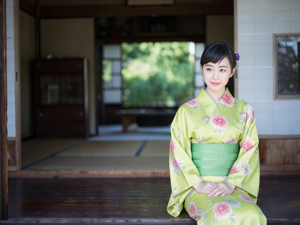 浴衣 生地 両面染めゆかた 反物 耳有り ツツジ柄・黄緑地・No.141（女 浴衣）