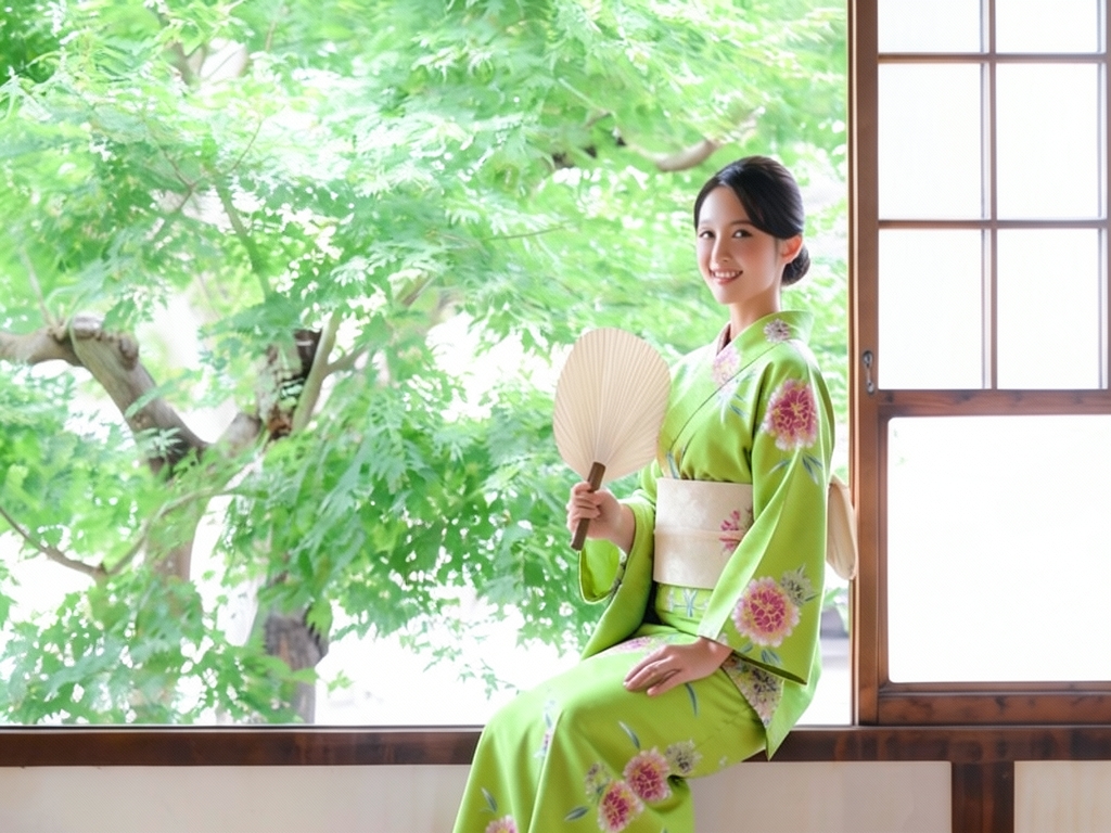 浴衣 生地 両面染めゆかた 反物 耳有り ツツジ柄・黄緑地・No.141（女 浴衣）