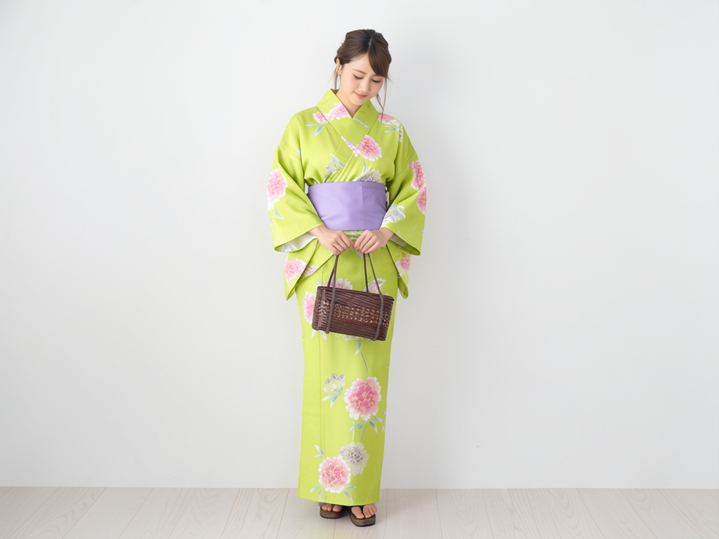 浴衣 生地 両面染めゆかた 反物 耳有り ツツジ柄・黄緑地・No.141（女 浴衣）